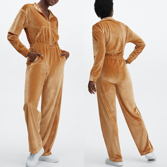 Fabletics Velour Zip-Up Wide Leg Onesie Jumpsuit Light Honey Wide-Leg Size XS - Picture 7 of 8